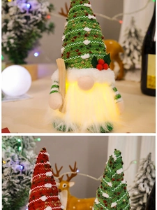 Macro shot of glowing Christmas gnomes with LED lights and plush knit texture