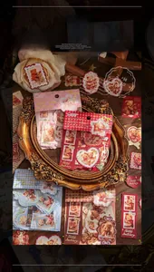 Macro shot of vintage Wishing Bear scrapbooking stickers in an ornate gold frame