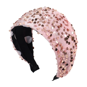 Pink velvet wide headband with gold sequins and black white polka dot inner lining