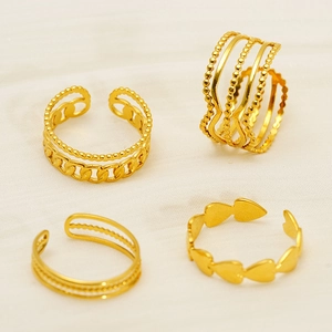 Stainless Steel Hollow Chain Open Rings For Women 18K Gold Plated Adjustable Heart Wave Beaded Minimalist Elegant