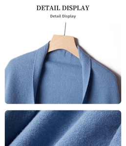 Detail of blue cashmere knit cardigan showing fine stitching and smooth collar texture