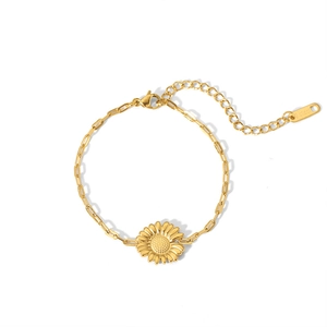 18K gold plated stainless steel daisy bracelet with paperclip chain and lobster clasp
