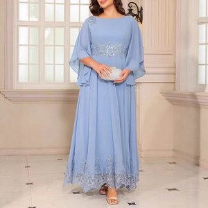 Light blue chiffon evening gown with lace appliques and cape sleeves for mother of the bride