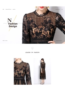 Vues détaillées d'une robe mi-longue en dentelle noire ajourée avec broderie et manches mesh