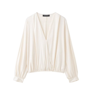 Blouse En Satin Femme Col V Manches Longues Haut Croisé Élégant Ivoire Ourlet Élastique Chemise Soyeuse Mode