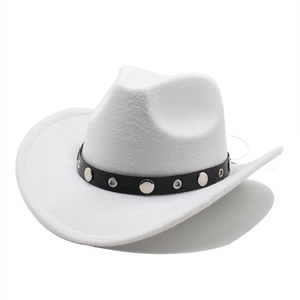 White felt western cowboy hat with black studded leather band and vintage curved brim