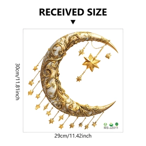 Detailed size specifications for gold celestial moon and stars PVC wall decal stickers