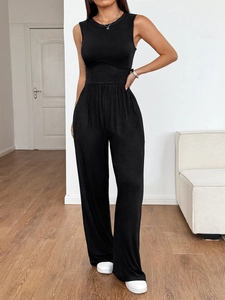 Women's black sleeveless waist-tie wide leg jumpsuit with ribbed knit texture