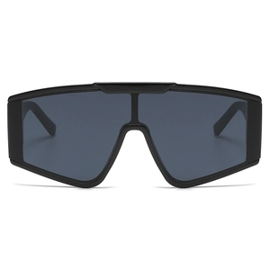 Futuristic black oversized one-piece wrap sunglasses with dark grey lenses for unisex
