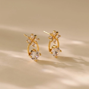 Fashionable 18K gold plated copper flower earrings with sparkling zircon drop for women