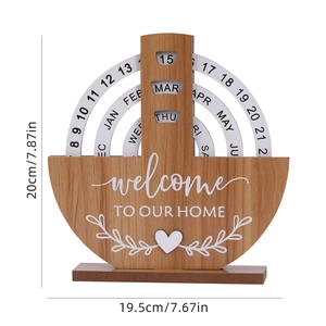 Creative wooden perpetual calendar for desk with rotating date rings and brown finish