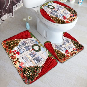 Christmas bathroom decor set with snowman reindeer pattern bath mat and toilet covers