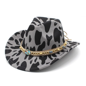 Western Cowboy Hat Cotton Polyester Wool Felt Cow Leopard Print Wide Brim Ethnic Turquoise Beaded Band Vintage Fedora For Men Women