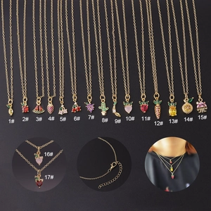 Fruit Pendant Necklace Gold Plated Copper Colorful Zircon Strawberry Pineapple Cactus Adjustable Chain For Women
