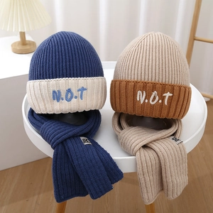 Kids Knitted Hat And Scarf Winter Warm Soft Yarn Beanie With Letter Embroidery Color Block Outdoor For Boys Girls