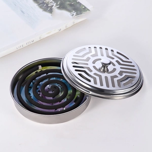 Stainless steel mosquito coil holder with heart hollow lid and silver polished finish