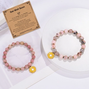 Pink zebra stone beaded bracelets with sunflower charms and inspirational greeting cards