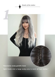 Detail einer ombre grauen langen welligen Perücke mit realistischem Kopfhaut-Design für Frauen