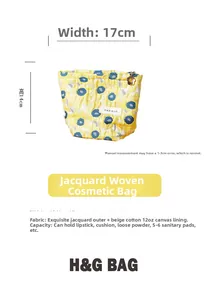 Detailed view of yellow floral jacquard cosmetic bag with flower-shaped zipper pull