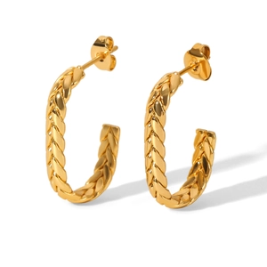 Minimalist C-shaped braided stainless steel earrings with 18k gold plating finish