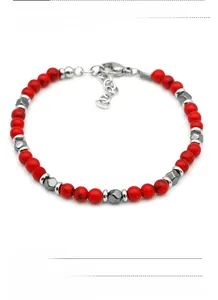 Detail of red stone beaded bracelet with hematite beads and stainless steel clasp