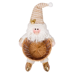 Christmas gnome candy basket with gold boots and wooden woven storage tray for table decor