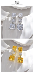 Detail view of gold and silver plated earrings with stacked square and round zircons