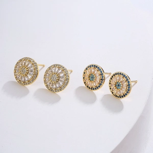 Boucles Oreilles Puces Rondes Géométriques En Cuivre Plaqué Or 18K Avec Zircon Micro Pavé Style Mauvais Oeil Pour Femme