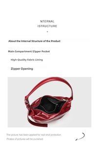 Detailed interior of red pleated dumpling bag showing main pocket and zipper lining