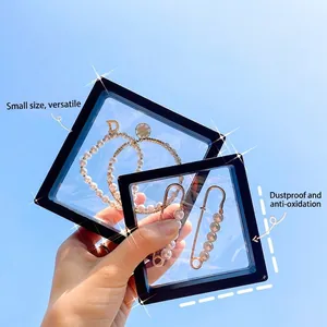 Black square PE film floating jewelry display box with transparent elastic membrane film