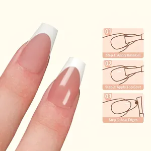 Classic coffin shape French tip press-on nails in nude pink and white with 3-step guide