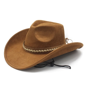 Classic dark brown suede western cowboy hat with woven decorative band and windproof cord