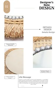 Detail view of woven raffia mirror featuring silver wooden beads and a sturdy wall hook
