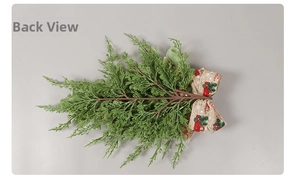 Back view of Christmas cypress teardrop wreath with rustic burlap truck bow decoration
