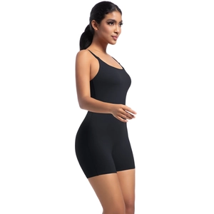 Side view of black high-stretch compression bodysuit with thin straps and lifting effect