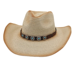 Ethnic western straw cowboy hat with striped weave and beaded leather turquoise band