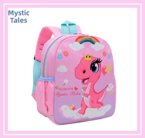 Mochila infantil rosa con diseño de dinosaurio y detalle de bolsillo lateral