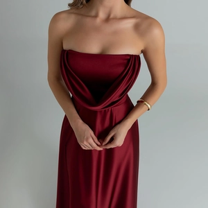Elegant wine red strapless satin long dress with draped cowl neckline and open back design