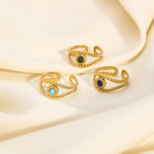 Retro 18K gold plated stainless steel rings set with natural malachite and lapis lazuli