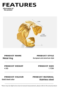 Detailed view of golden leaf ring specs featuring adjustable size and stainless steel