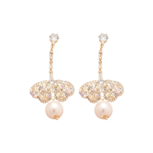 Elegant gold drop earrings with sparkling rhinestones, colorful beads and round white pearls