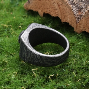 Vintage punk skull letter ring with rustic tree bark texture in weathered stainless steel