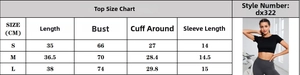 Detailed size chart for women's black cropped yoga top with length and bust measurements