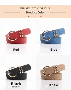 Detail of nubuck leather belts with golden round buckles in four assorted colors