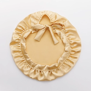 Adjustable champagne silk sleeping cap with elastic band and decorative bow tie