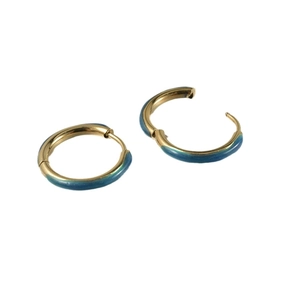 Golden stainless steel hoop earrings with blue enamel finish and secure snap closure