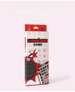 Detail view of the Minesweeping board game packaging with 18 pieces and red-white theme
