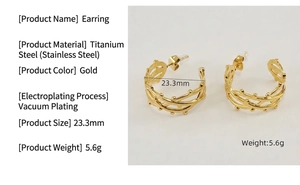 Detail of gold C-shaped stainless steel earrings with textured finish and 23.3mm size