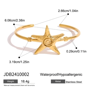 Detailed size specifications of the waterproof stainless steel starfish bangle bracelet