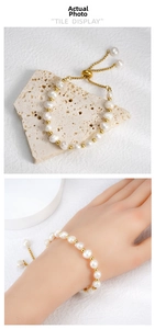 Detailed view of freshwater pearl bracelet with adjustable gold slide clasp for women